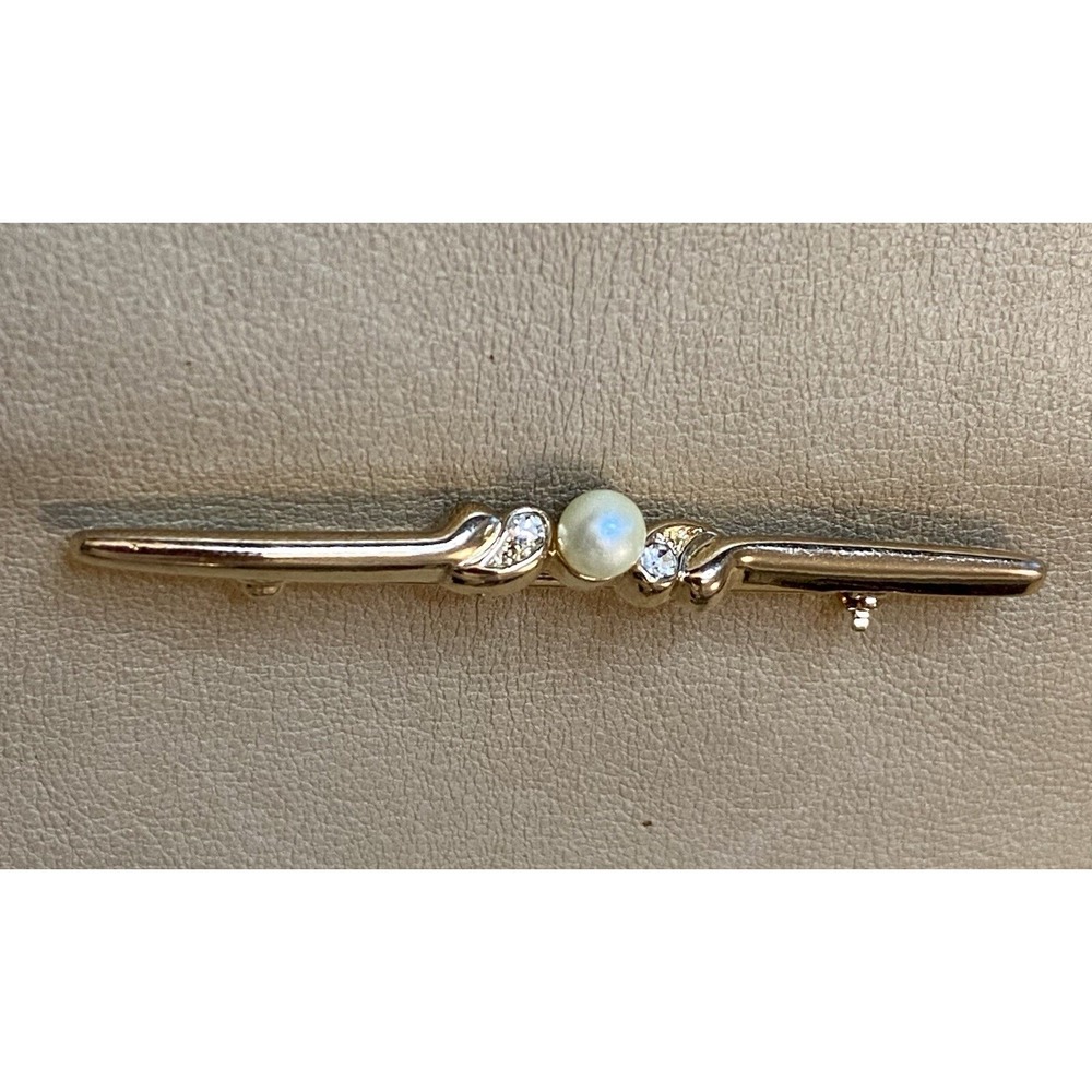 1980 Sarah Coventry JACQUELINE Bar Pin Brooch Gold Tone Faux Pearl Rhinestone